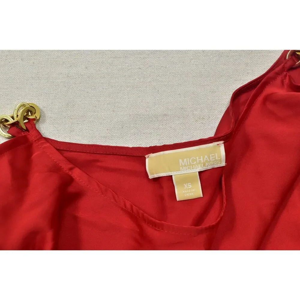 Michael Kors Women's Size XS Red Cold Shoulder Blouse Gold Chain Hardware Batwin